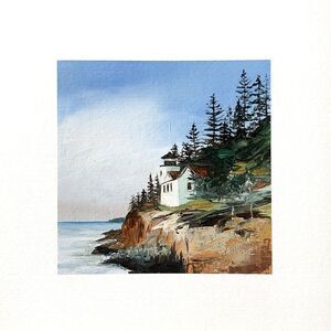 8x8 Maine Original Oil Painting Bass Harbor Lighthouse Seascape Pine Tree Signed